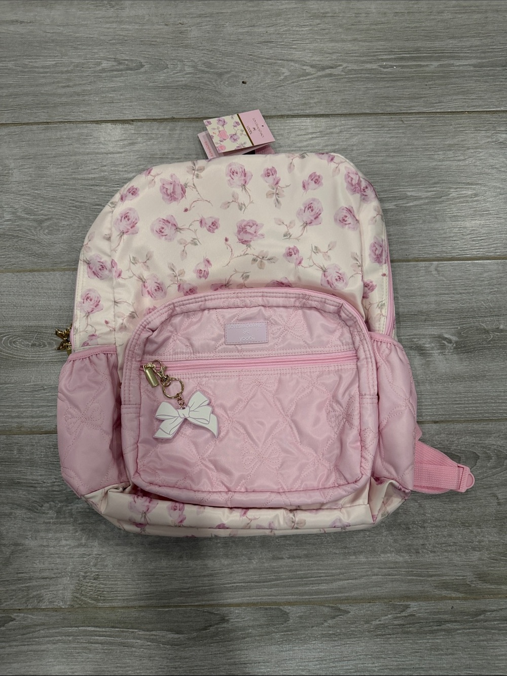 Love Shack Fancy Pink Floral Quilted Backpack with Bow Charm